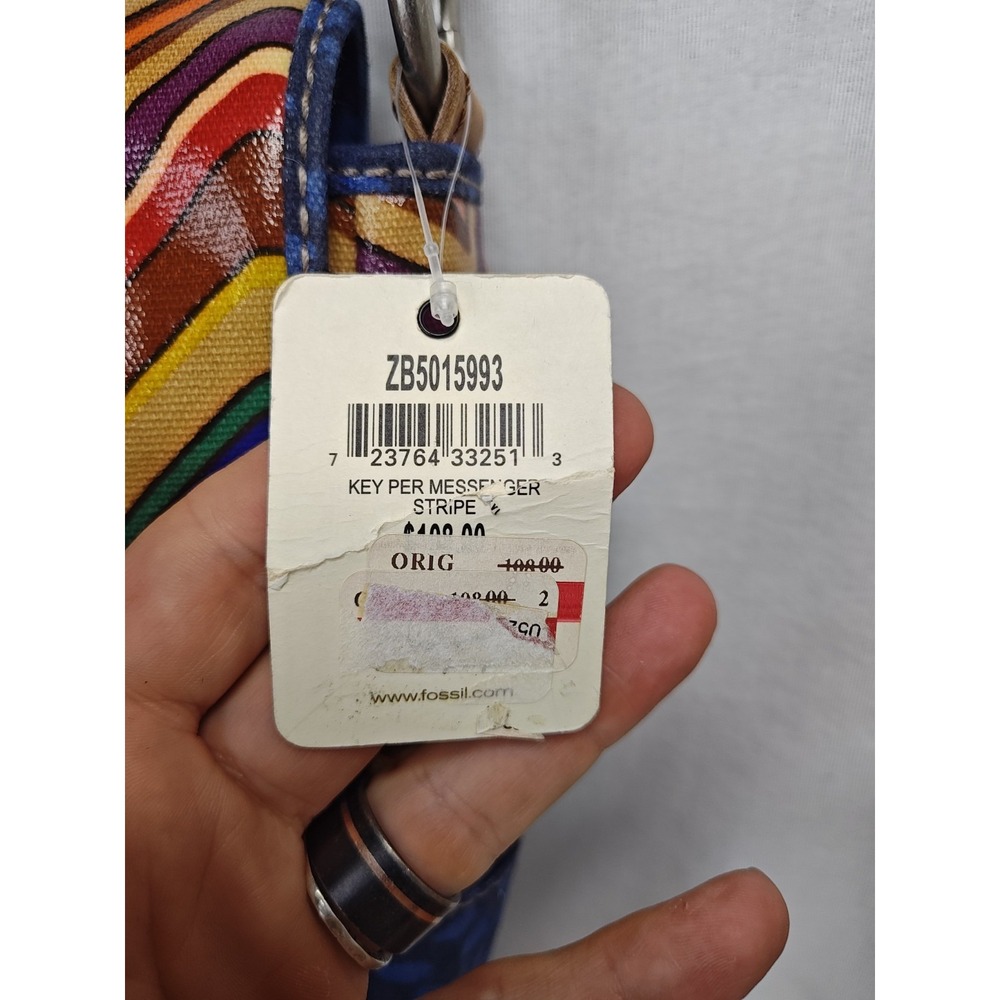 FOSSIL Keyper Flap Crossbody Messenger‎ Bag Stripe Blue Yellow Orange Brown New - Picture 4 of 13